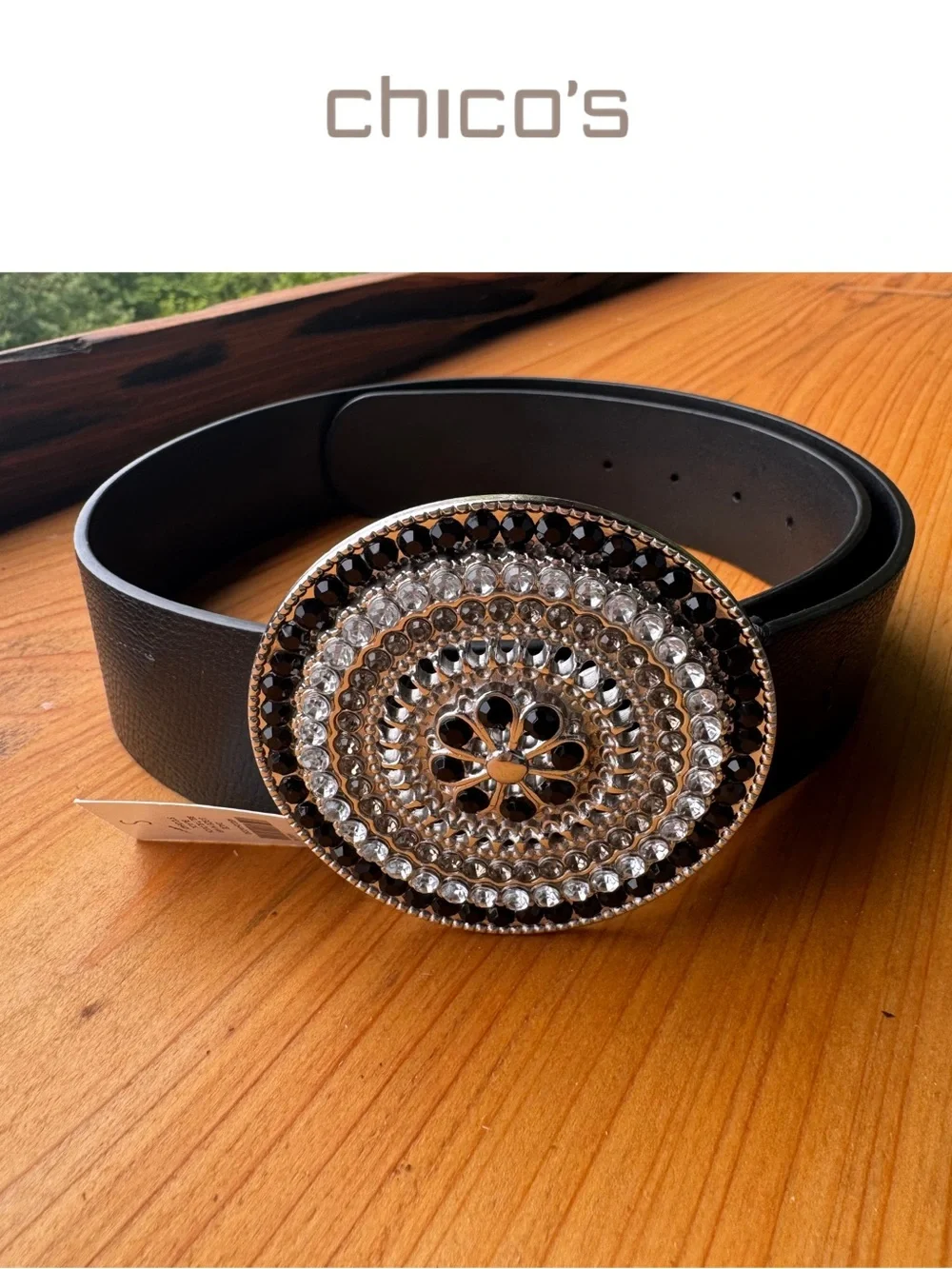 Chico’s Daze Black Leather Slouch Belt Rhinestone Statement Buckle NWT 30”-34”